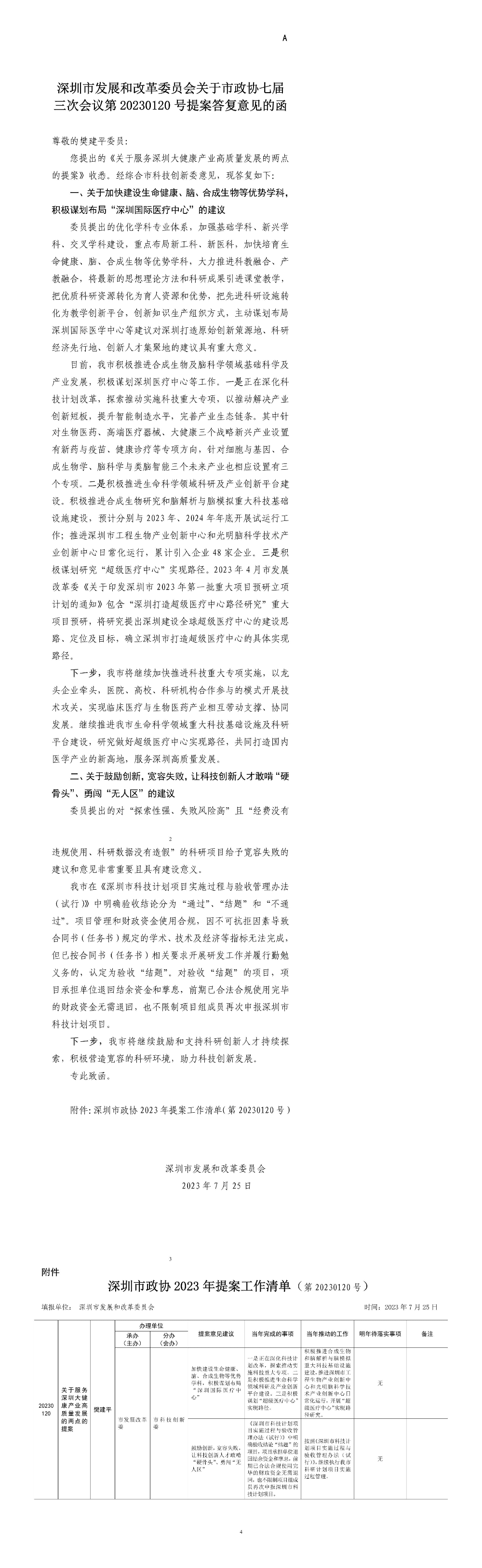 深圳市发展和改革委员会关于市政协七届三次会议第20230120号提案答复意见的函.jpg